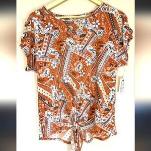 Cure Women's Orange Paisley Top Grommets Tie at Hem Size 2X NWOT